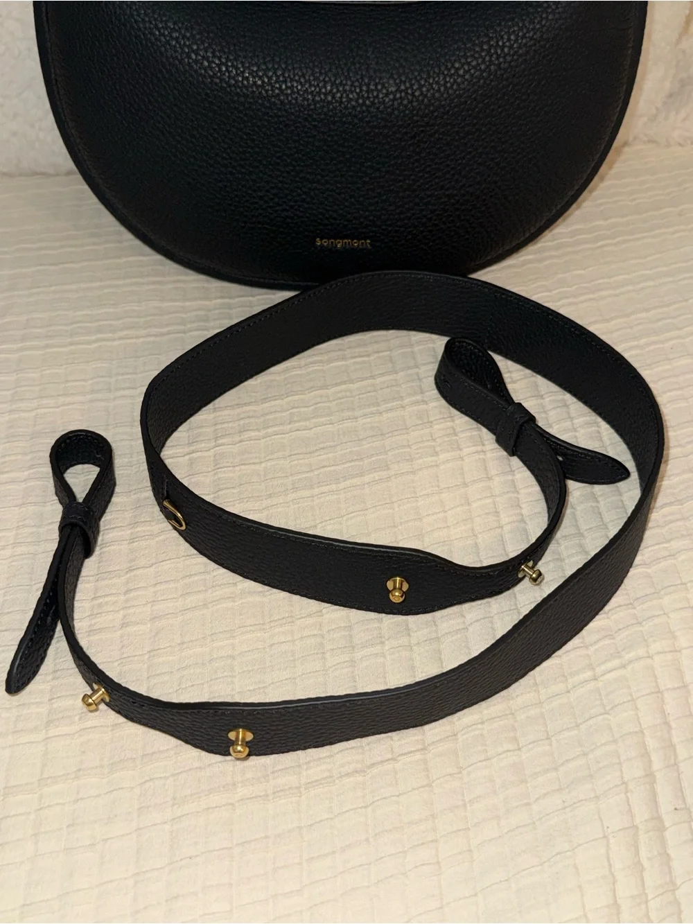Songmont Luna Black Pebble Leather Crescent Shoulder Bag with Gold Hardware